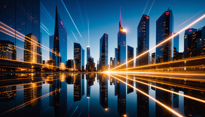 Fototapeta na wymiar A futuristic nightscape of a modern city skyline with towering skyscrapers reflected in calm waters, illuminated by vibrant lights and streaks of motion