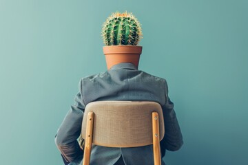 Conceptual image of an employee with a cactus head sitting on a chair against a blue background - Powered by Adobe