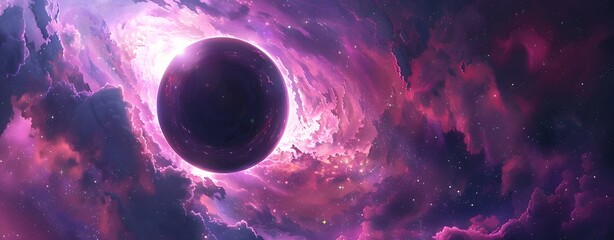 a purple and pink clouds and a black circle - obrazy, fototapety, plakaty