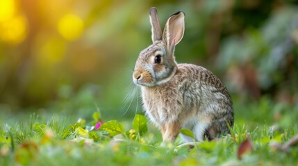 Naklejka na ściany i meble Wildlife rabbit with fluffy fur and long ears sitting in green grass outdoors