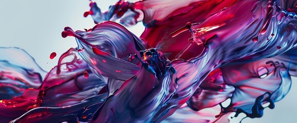 A cascade of ruby red and sapphire blue collides in a dynamic explosion, capturing the essence of vivid fluidity."