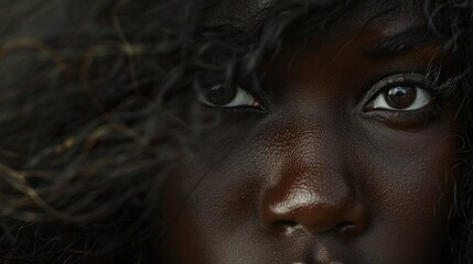 portrait of a black african woman half face covered with hairs