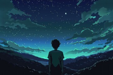 beautiful person looking up at the hills with the night sky above him - obrazy, fototapety, plakaty