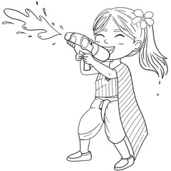 cute girl with water guns in Songkran festival outline for coloring