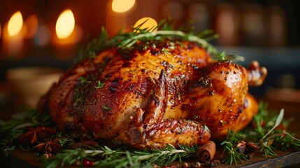 Rotisserie Chicken on a rustic wooden board, garnished with fresh herbs, exuding a warm, festive atmosphere with a backdrop of soft lighting and holiday decor.