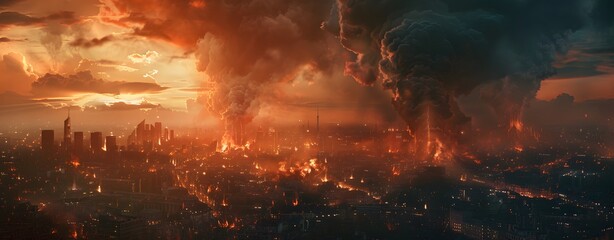 a large city with smoke and flames
