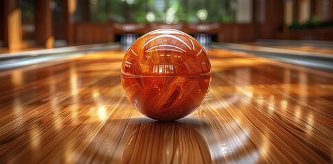 Bowling ball rolling down the center of an empty wooden bowling alley, leaving behind its trail in slow motion. - obrazy, fototapety, plakaty