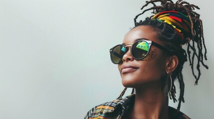portrait of a rasta woman with sunglasses on white background
