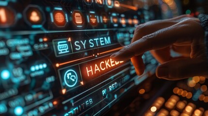 Finger pointing to a digital screen with the word HACKER highlighted amidst other tech symbols. - obrazy, fototapety, plakaty