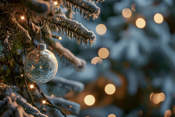 a snowy Christmas ornament with a snowflake design, hanging from a snow-covered pine tree, illuminated by sunlight