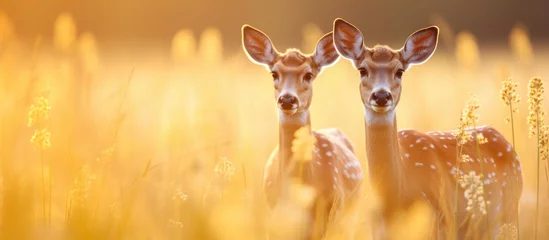 Zelfklevend Fotobehang A pair of roe deer standing together in a sunny summer field. © Sona