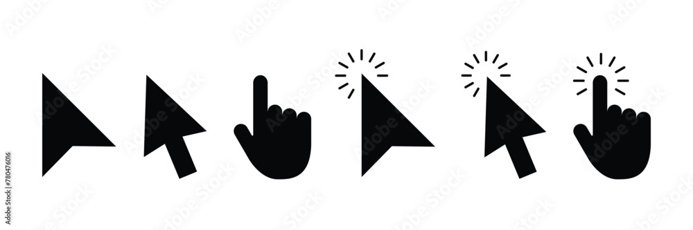 Poster mouse cursor black. click and loading arrow and hand cursors icon for computer, mobile app, animation, or ui design. mouse pointer vector illustration on transparent background
