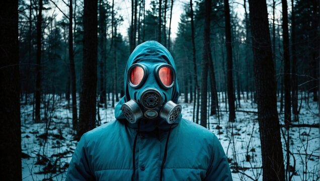 Man wearing gas mask in the forest, during winter. Survival, post-apocalyptic atmosphere