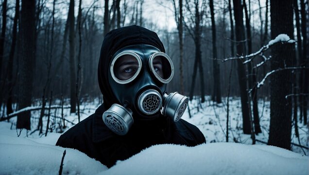 Man wearing gas mask in the forest, during winter. Survival, post-apocalyptic atmosphere
