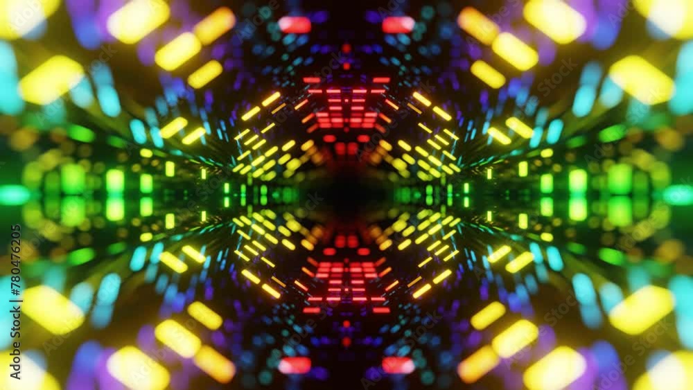 Poster 4k seamless looped animation. fly through mirror symmetrical tunnel with neon pattern, sci fi glow p