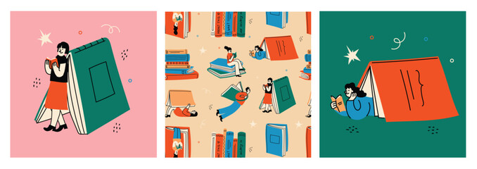 Book concepts set. Happy readers reading books and flying, laying , sitting everywhere. Flat trendy retro vector illustrations isolated on white background - 780476220