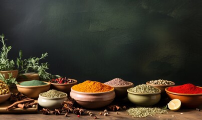Several bowls of spices are placed on a wooden table.