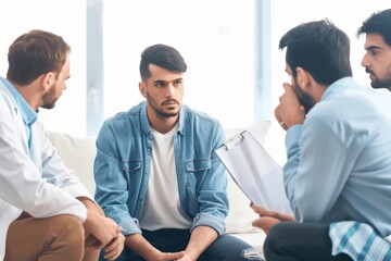 Group therapy session with professional counselor in a bright room