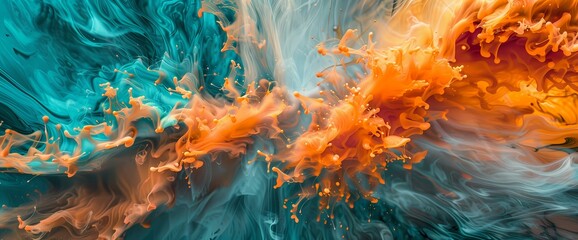 A burst of fiery orange and teal erupts, creating an abstract spectacle of vivid liquid artistry.