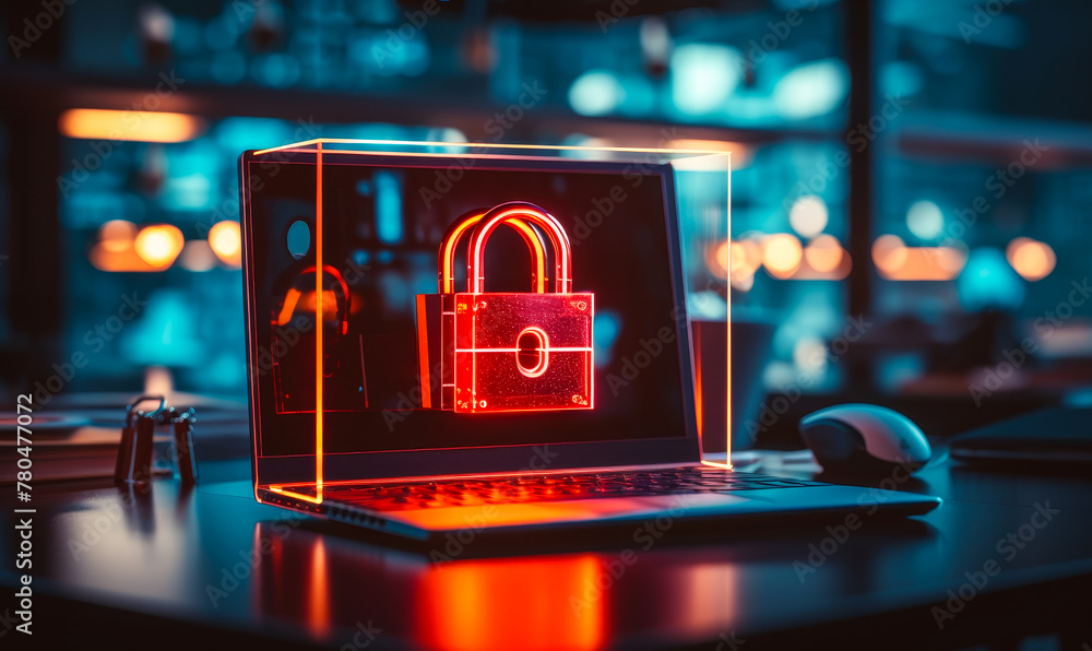 Poster data protection: glowing red lock on computer screen in modern office - cybersecurity concept