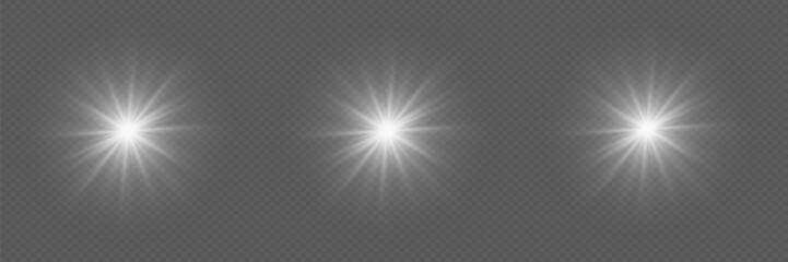 Collection of realistic white light flashes. The effect of magical stars with sun rays. Flashing lights on a transparent background.	
 - obrazy, fototapety, plakaty