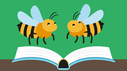 Two bees on a book. Vector illustration in flat cartoon style.