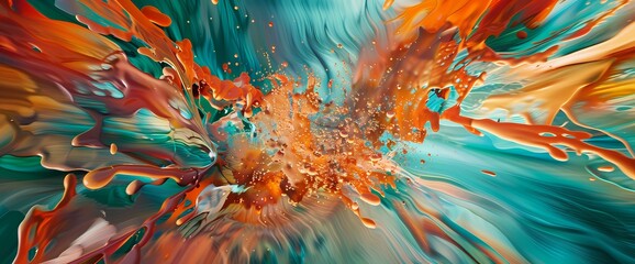 A burst of fiery orange and teal erupts, creating an abstract spectacle of vivid liquid artistry.