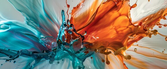 A burst of fiery orange and teal erupts, creating an abstract spectacle of vivid liquid artistry."