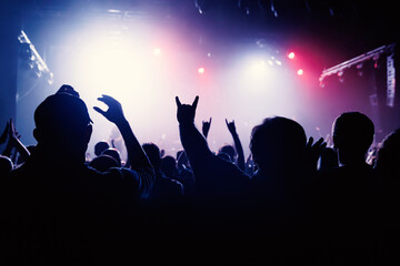 Silhouettes of enthusiastic fans with raised hands are illuminated by the beams of stage lights.