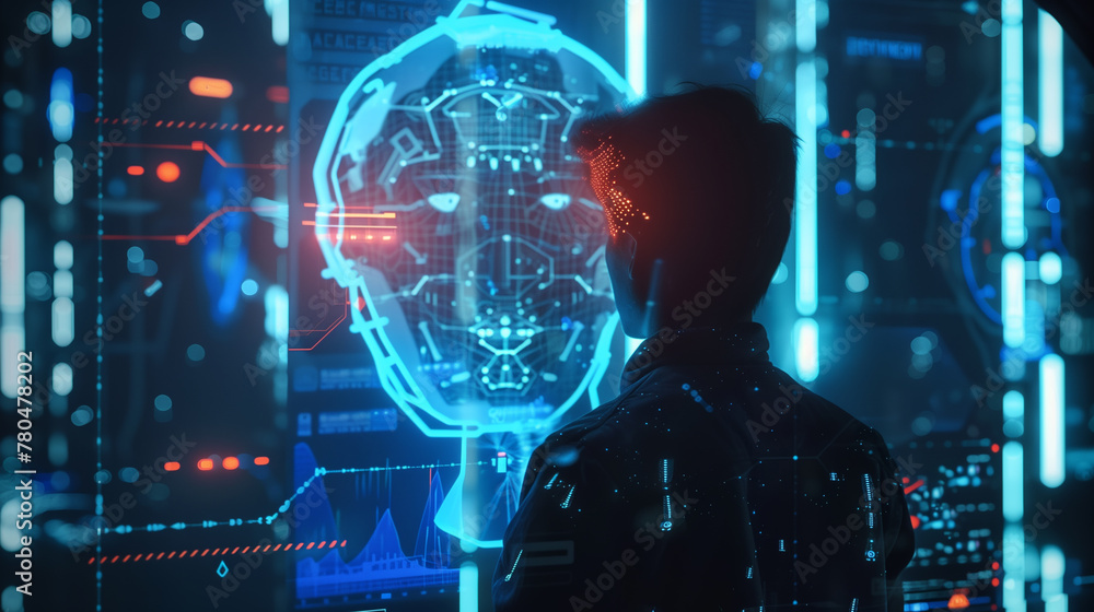 Poster a man is standing in front of a computer screen with a blue screen. he is wearing a suit and he is c