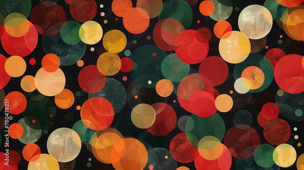 Poster a pattern of colorful dots and circles on a black background in the style of bokeh and particles, ai