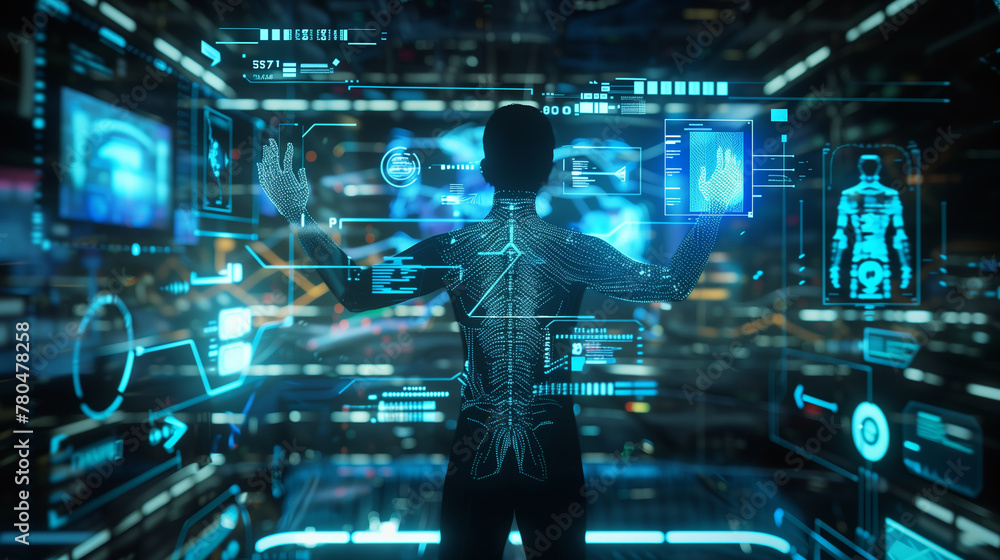 Poster a man is standing in front of a computer screen with a blue screen. he is wearing a suit and he is c