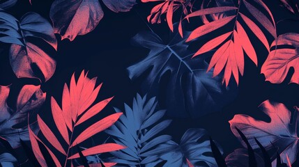 A striking composition of philodendron and hops against a deep navy blue abstract background, featuring bright red and pale pink accents with a minimalistic design - obrazy, fototapety, plakaty