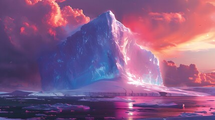 Iceberg under starlit sky amidst polar sea, mountains and swirling clouds, embodying nature's cold, serene beauty at sunset - obrazy, fototapety, plakaty