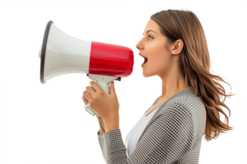 Side view of a portrait of a woman talking with a red and white megaphone in her hand isolated on a clipped PNG transparent background