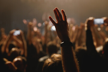 Music fan with raised hand during open-air festival.