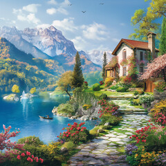 Fototapeta premium Pictures of countryside in the mountains, ai generate