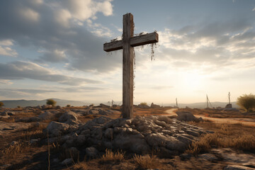 Christian religious cross with a landscape. Christian cross on a mountain. Topics related to the Christian religion. Christian grave.