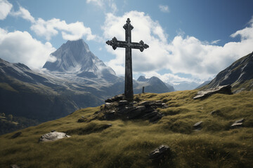 Christian religious cross with a landscape. Christian cross on a mountain. Topics related to the Christian religion. Christian grave.