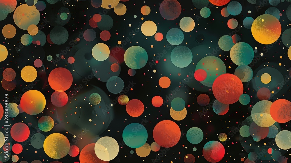 Poster a pattern of colorful dots and circles on a black background in the style of bokeh and particles, ai