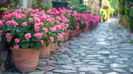 A row of pink flowers in pots is lined up along a stone walkway. The flowers are in various sizes and are arranged in a way that creates a sense of harmony and balance - obrazy, fototapety, plakaty