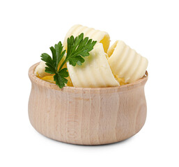 Tasty butter curls and fresh parsley in bowl isolated on white