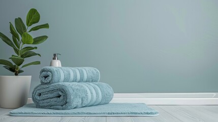 Bathroom interior with blue towels, soap dispenser, plant, decor, and minimalist hygiene comfort - obrazy, fototapety, plakaty
