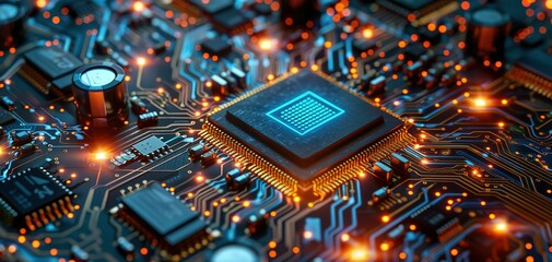 Obraz premium Abstract circuit board with a lot of micro chips.3d illustration computer processor circuit board for server.