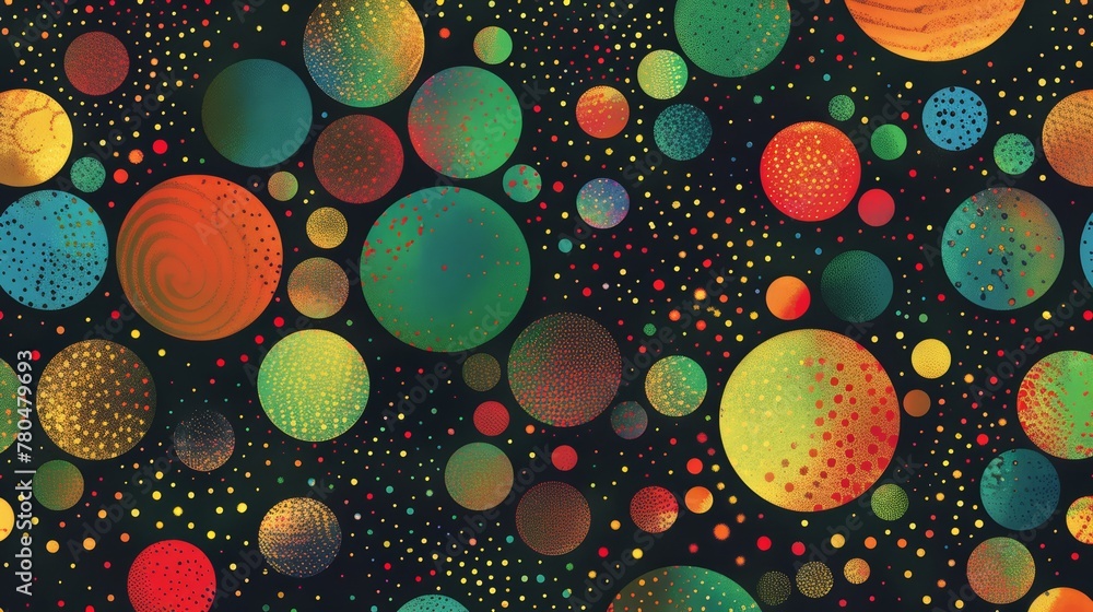 Poster a pattern of colorful dots and circles on a black background in the style of bokeh and particles, ai