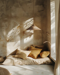 interior of a bedroom, natural boho style, earth colors natural materials and textures - 780479881