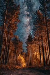 a road through a forest at night