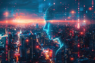 Embracing the Future: A Harmonious Fusion of AI and Human Minds in a Futuristic Cityscape - obrazy, fototapety, plakaty