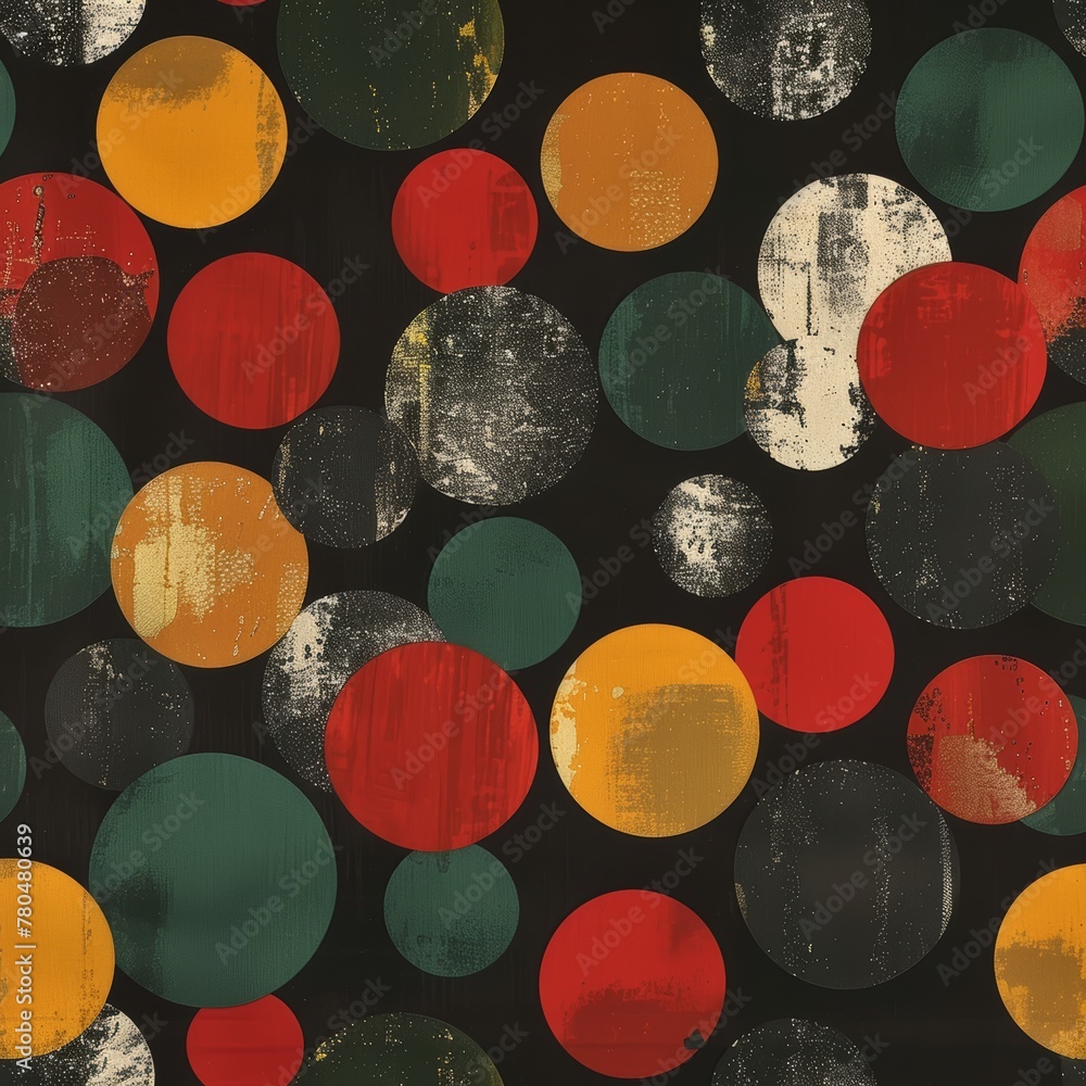 Poster A pattern of colorful dots and circles on a black background in the style of bokeh and particles, AI generated.