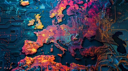 Europe map with electronic circuitry and digital data connections

